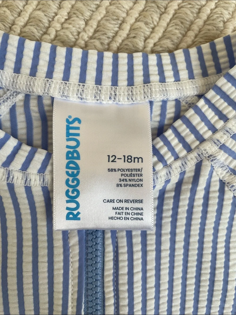 Striped Blue & White Zip-Front Kids Rashguard Swim Suit
